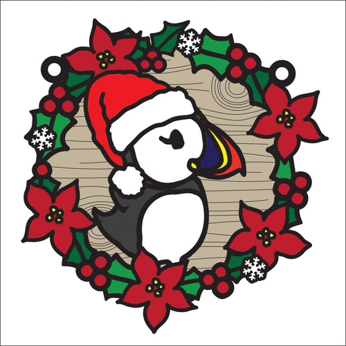 OL2769 - MDF Christmas Puffin doodle Large Holly Wreath Plaque - Olifantjie - Wooden - MDF - Lasercut - Blank - Craft - Kit - Mixed Media - UK