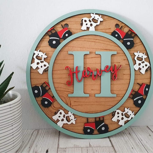 OL884 - MDF Personalised Circle Plaque Frame - Cow and tractor - Olifantjie - Wooden - MDF - Lasercut - Blank - Craft - Kit - Mixed Media - UK