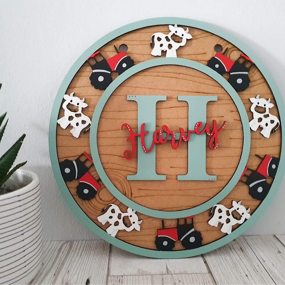 OL884 - MDF Personalised Circle Plaque Frame - Cow and tractor - Olifantjie - Wooden - MDF - Lasercut - Blank - Craft - Kit - Mixed Media - UK