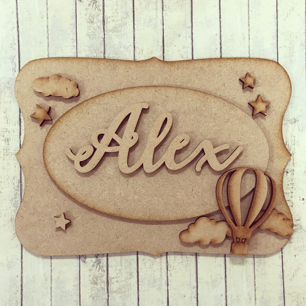 OP026 - MDF Hot Air Balloon Themed Personalised Plaque - Olifantjie - Wooden - MDF - Lasercut - Blank - Craft - Kit - Mixed Media - UK