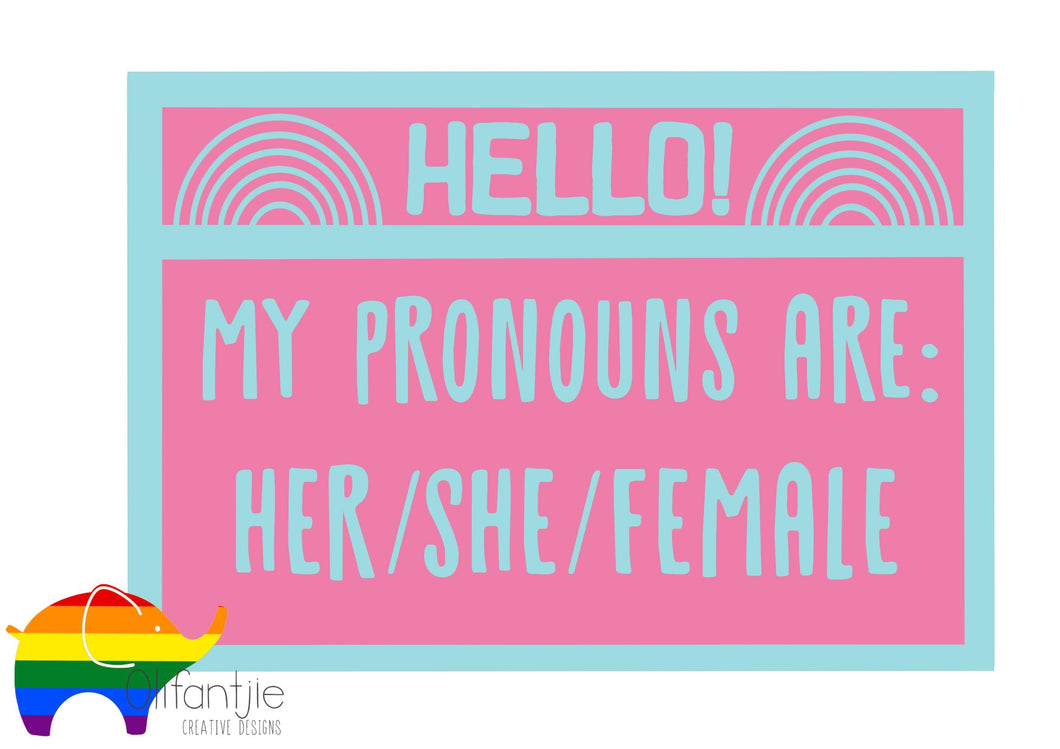 SJ450 - MDF Two Layered Plaque ‘ hello my pronouns are - Her / She / Female’ - Olifantjie - Wooden - MDF - Lasercut - Blank - Craft - Kit - Mixed Media - UK
