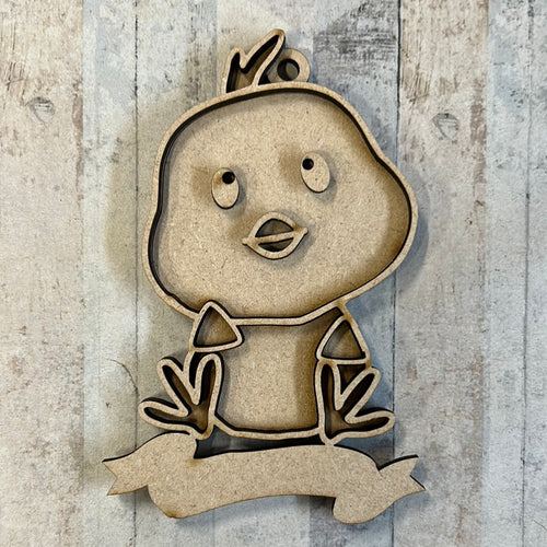 OL2823 - MDF Easter Doodle Hanging - Chick sitting  - with or without banner - Olifantjie - Wooden - MDF - Lasercut - Blank - Craft - Kit - Mixed Media - UK