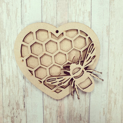 HB020 - MDF Hanging Heart -  Honeycomb Bumble Bee - Olifantjie - Wooden - MDF - Lasercut - Blank - Craft - Kit - Mixed Media - UK