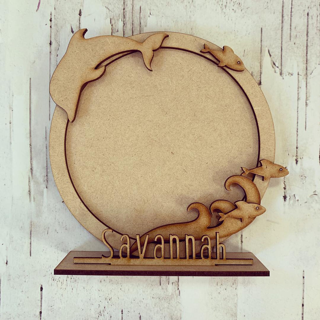 CF031 - MDF Dolphin Themed Personalised Freestanding Circular Photo Frame - Olifantjie - Wooden - MDF - Lasercut - Blank - Craft - Kit - Mixed Media - UK