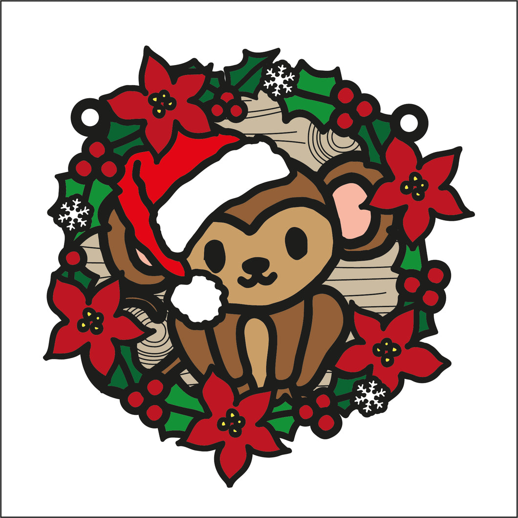 OL2749 - MDF Christmas Monkey doodle Large Holly Wreath Plaque - Olifantjie - Wooden - MDF - Lasercut - Blank - Craft - Kit - Mixed Media - UK
