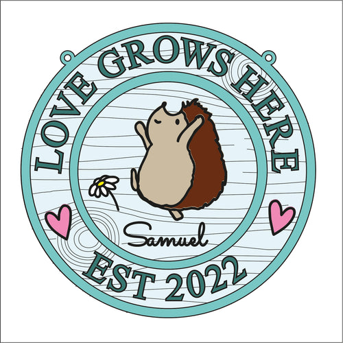 OL1637 - MDF Woodland personalised doodle Circle ‘love  grows here’ est  date Plaque - Hedgehog - Olifantjie - Wooden - MDF - Lasercut - Blank - Craft - Kit - Mixed Media - UK