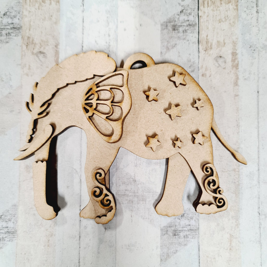 SJ493 - MDF Sarah Jane Magical Elephant Hanging Bauble - Olifantjie - Wooden - MDF - Lasercut - Blank - Craft - Kit - Mixed Media - UK