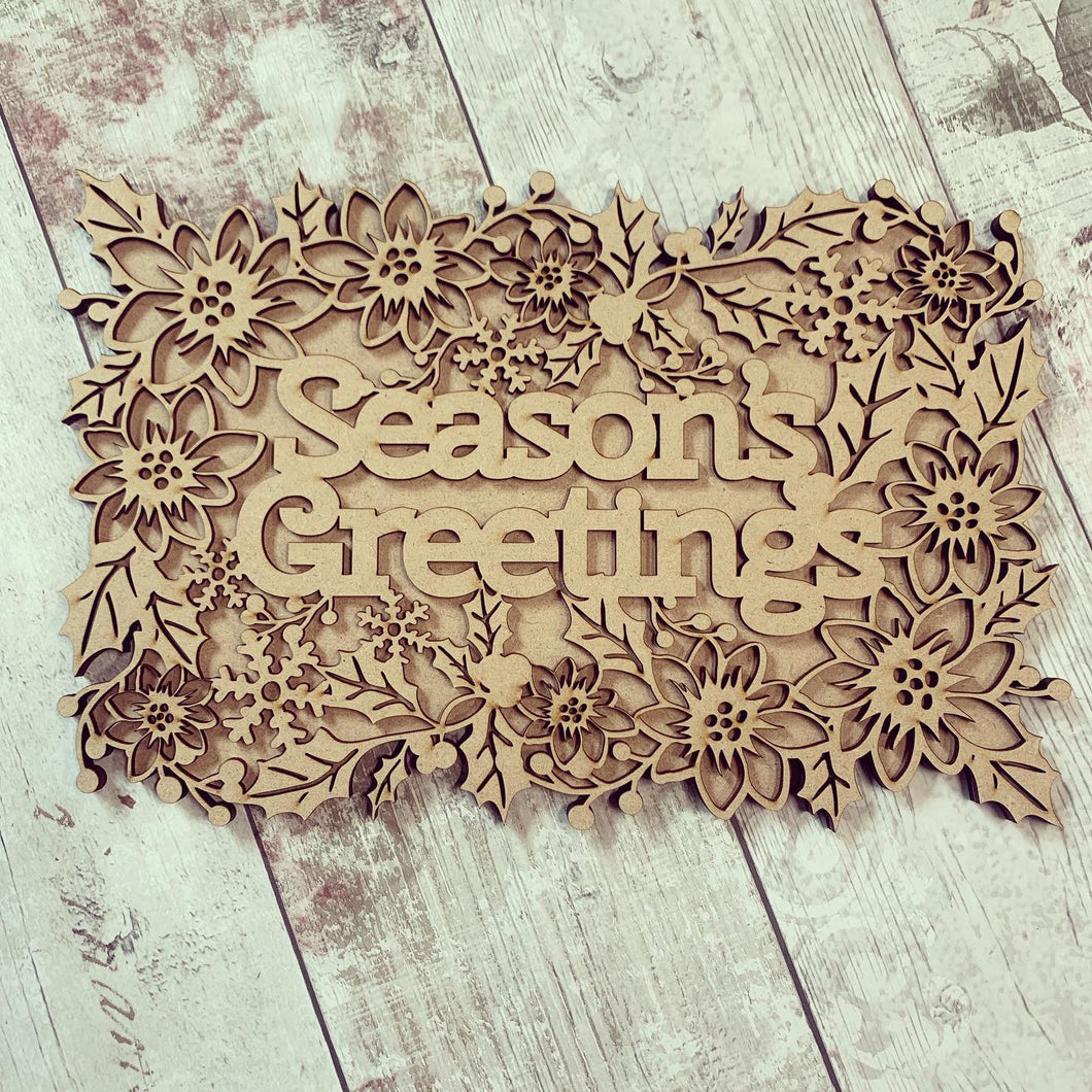 CH207 - MDF Layered Christmas Word Art Plaque - Season’s Greetings - Olifantjie - Wooden - MDF - Lasercut - Blank - Craft - Kit - Mixed Media - UK