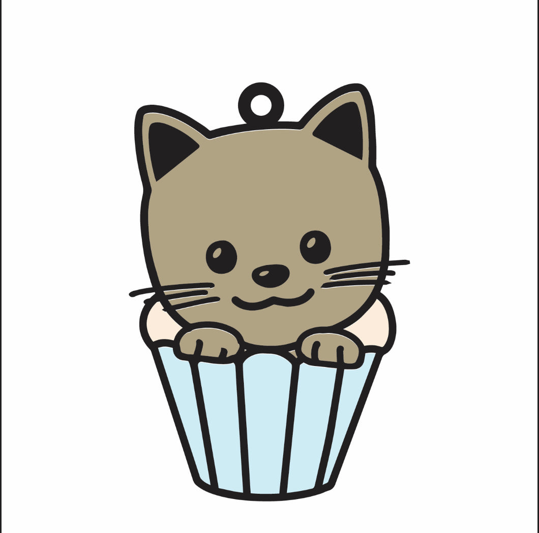DN053 - MDF Doodle Cat 2 Cupcake Hanging - With or without Banner - Olifantjie - Wooden - MDF - Lasercut - Blank - Craft - Kit - Mixed Media - UK