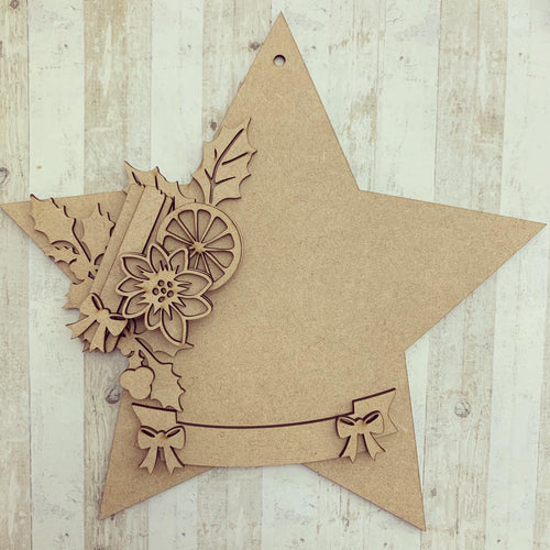 HS005 - MDF Hanging Star - Orange & Poinsettia - Choice of Star Shape - Olifantjie - Wooden - MDF - Lasercut - Blank - Craft - Kit - Mixed Media - UK