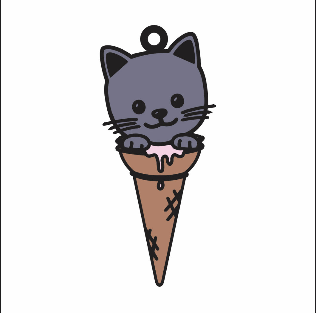 DN017 - MDF Doodle Cat 2 Icecream Hanging - With or without Banner - Olifantjie - Wooden - MDF - Lasercut - Blank - Craft - Kit - Mixed Media - UK