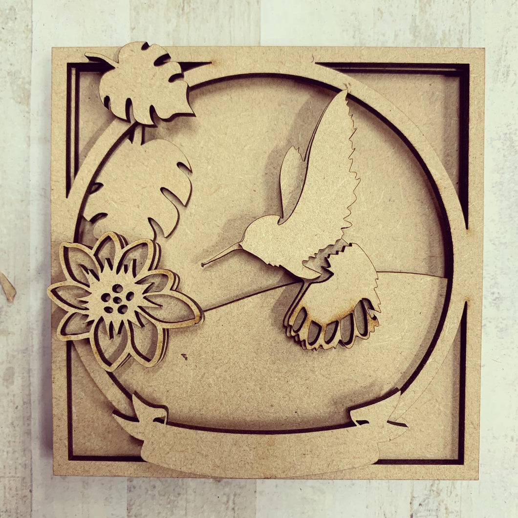 LH021 - MDF Humming bird Frame Square 3D Plaque - Two Sizes - Olifantjie - Wooden - MDF - Lasercut - Blank - Craft - Kit - Mixed Media - UK