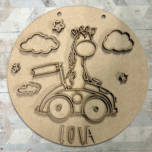 OL2883 - MDF Cute Animal Doodles - Round Scene Personalised Layered Plaque - Car Giraffe - Olifantjie - Wooden - MDF - Lasercut - Blank - Craft - Kit - Mixed Media - UK