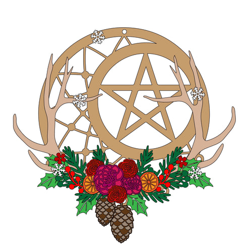 OL438 - MDF  Large Pentagram Stag Horn Dreamcatcher- Winter Themed - Olifantjie - Wooden - MDF - Lasercut - Blank - Craft - Kit - Mixed Media - UK