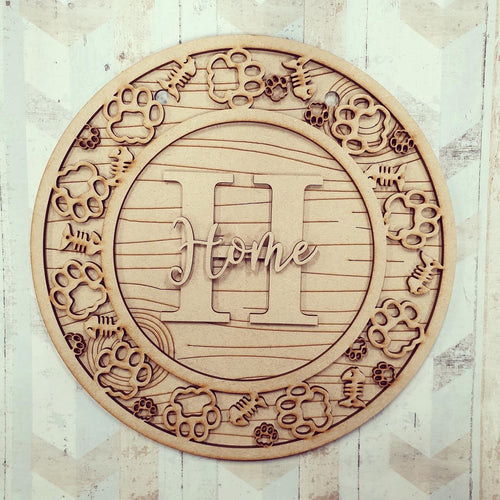 OL610 - MDF Personalised Circle Plaque Frame -   Pet Paw Theme - Olifantjie - Wooden - MDF - Lasercut - Blank - Craft - Kit - Mixed Media - UK