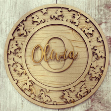 OL488 - MDF Personalised Circle Plaque Frame - Unicorn Theme - Olifantjie - Wooden - MDF - Lasercut - Blank - Craft - Kit - Mixed Media - UK