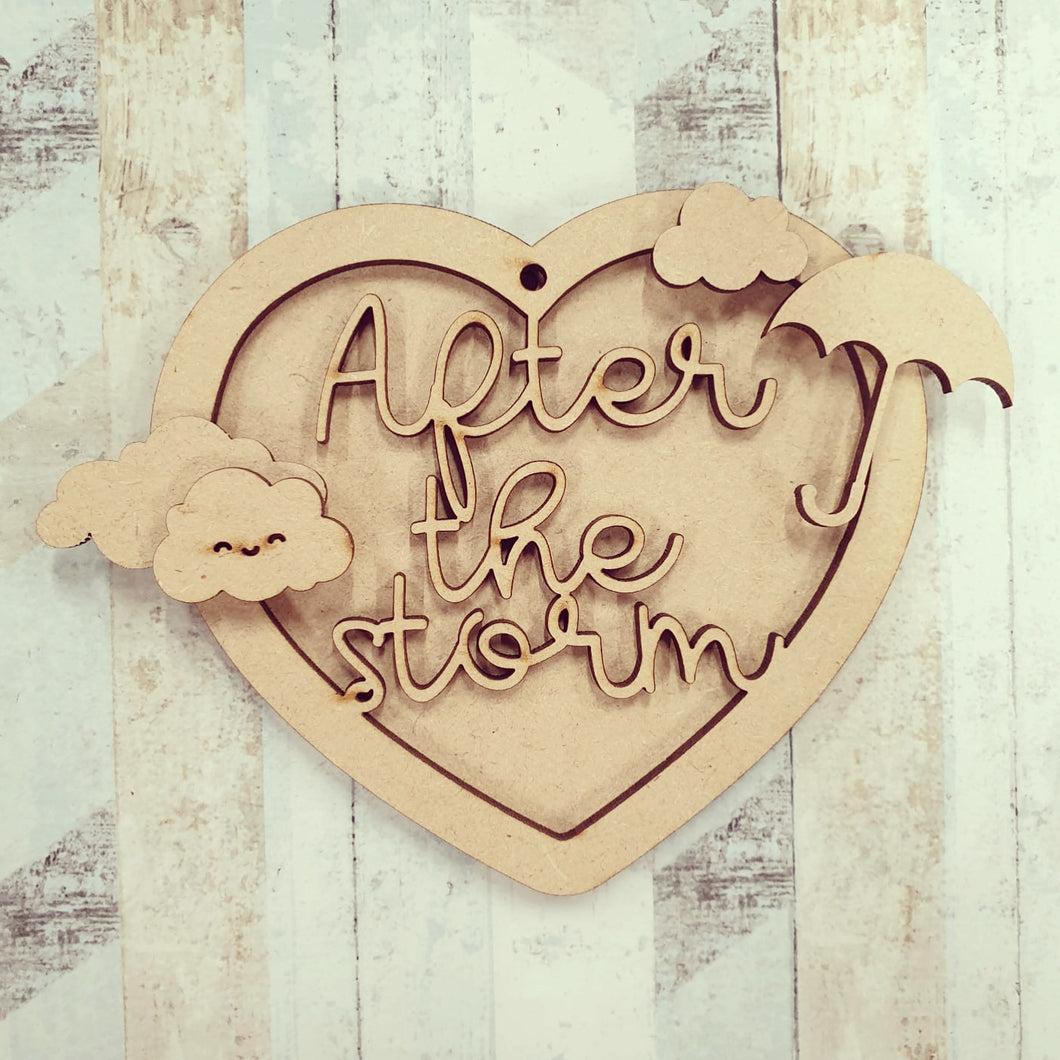 HB015 - MDF Hanging Heart - Umbrella and Cloud Themed with Choice of Wording - 2 Fonts - Olifantjie - Wooden - MDF - Lasercut - Blank - Craft - Kit - Mixed Media - UK