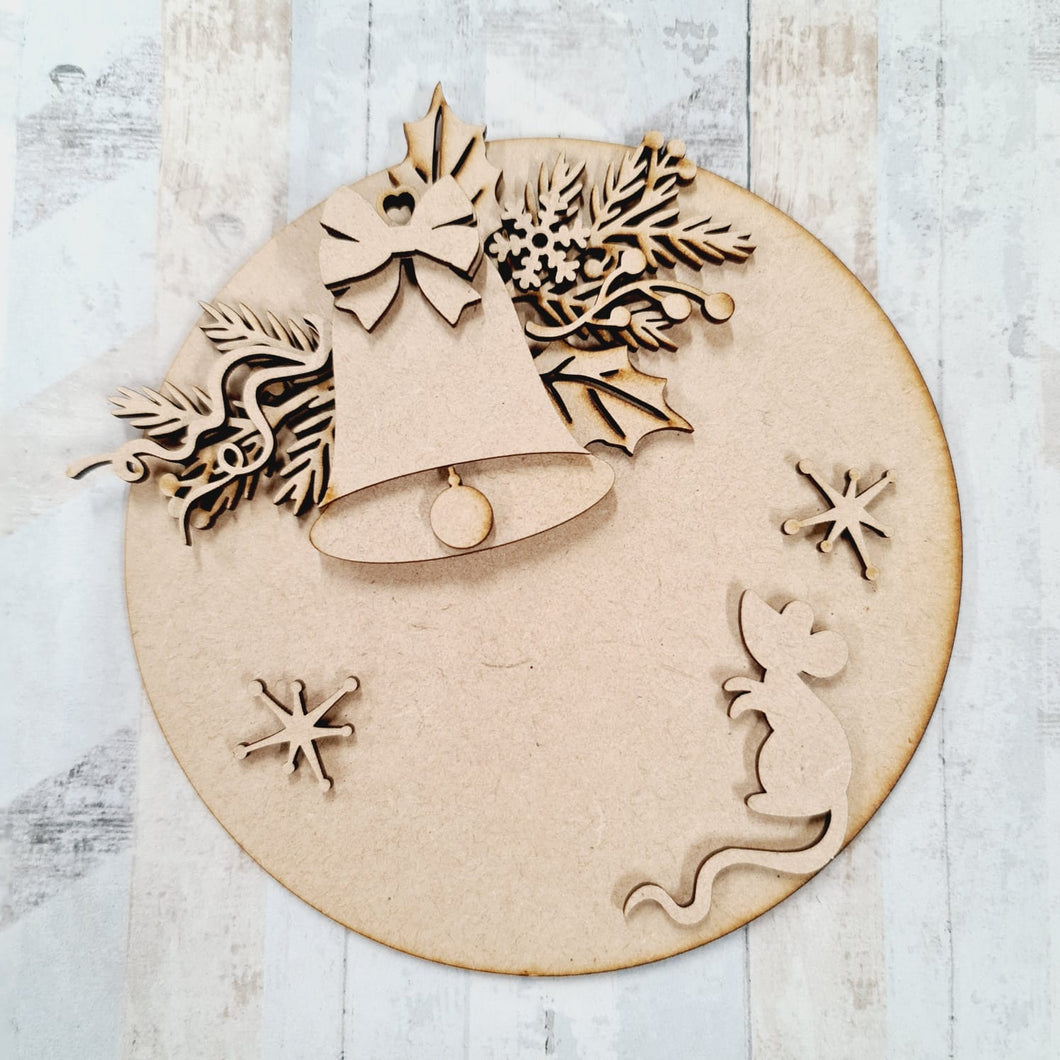 CH410 - MDF Mouse and Bell Round Christmas Plaque - Olifantjie - Wooden - MDF - Lasercut - Blank - Craft - Kit - Mixed Media - UK
