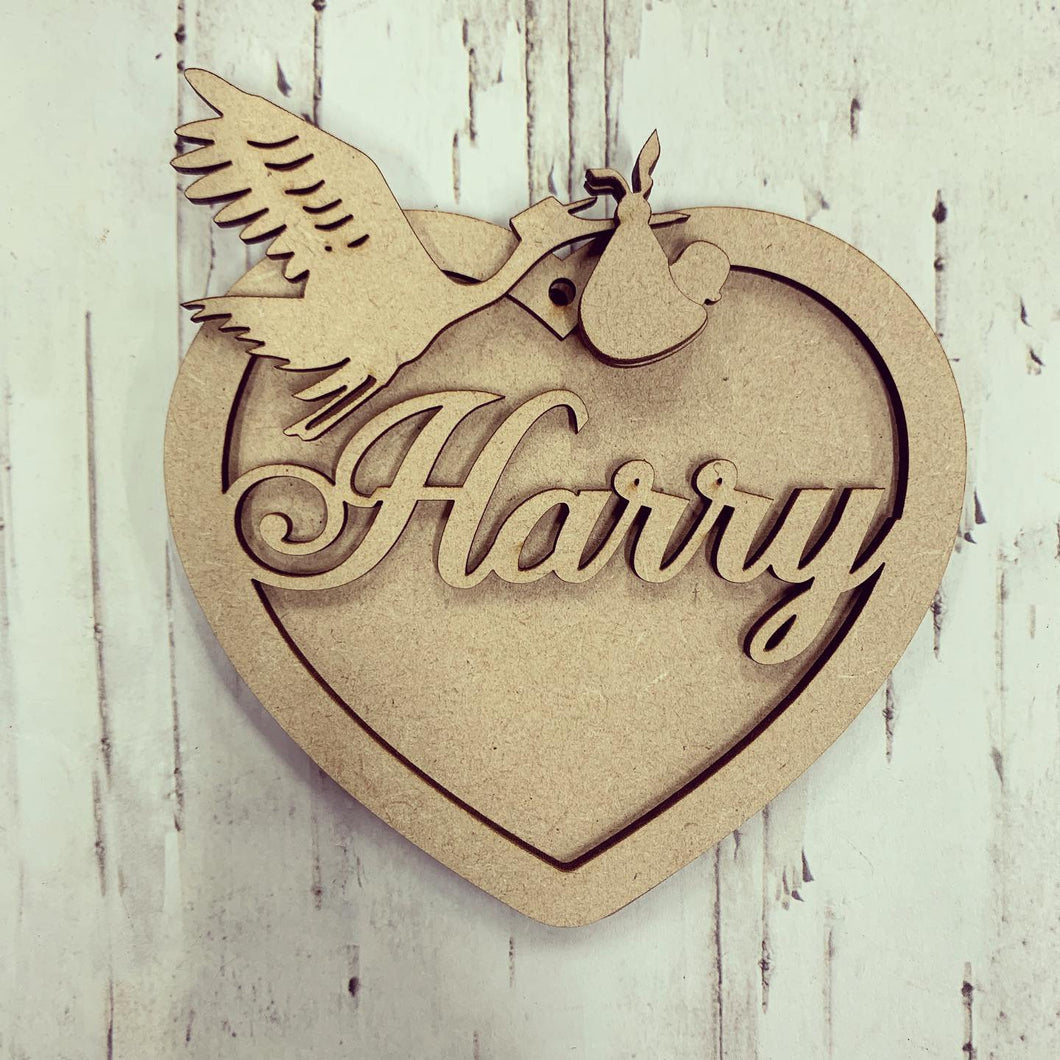 HB012 - MDF Hanging Heart - New Baby Stork Themed with Choice of Wording - 2 Fonts - Olifantjie - Wooden - MDF - Lasercut - Blank - Craft - Kit - Mixed Media - UK
