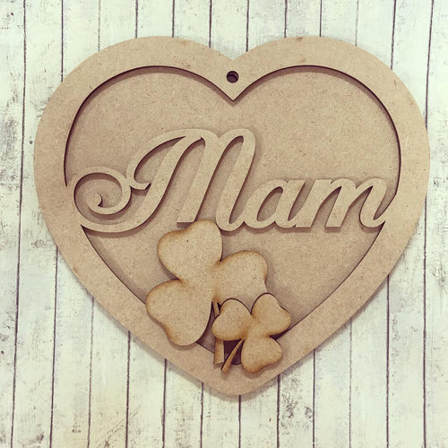 HB007 - MDF Hanging Heart - Shamrock Themed with Choice of Wording - 2 Fonts - Olifantjie - Wooden - MDF - Lasercut - Blank - Craft - Kit - Mixed Media - UK