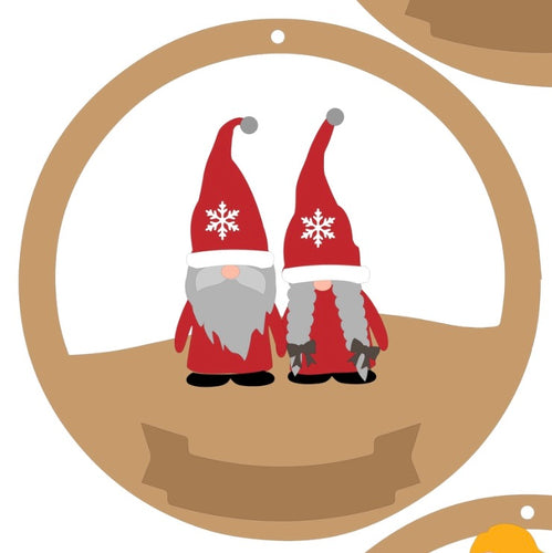 CH138 - MDF & Acrylic Gnome Couple Christmas Circle Bauble - Olifantjie - Wooden - MDF - Lasercut - Blank - Craft - Kit - Mixed Media - UK