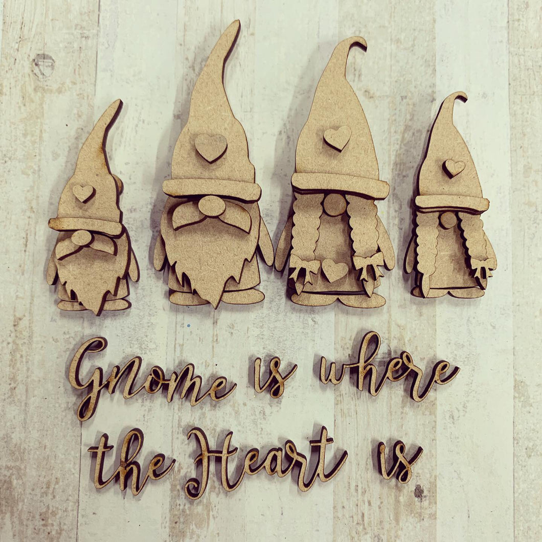 GN005 - MDF Gnome Family Set - Gnome is where the Heart is - Olifantjie - Wooden - MDF - Lasercut - Blank - Craft - Kit - Mixed Media - UK