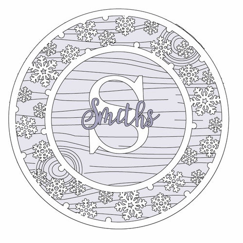 OL552 - MDF Personalised Circle Plaque Frame - Snowflake Theme - Olifantjie - Wooden - MDF - Lasercut - Blank - Craft - Kit - Mixed Media - UK