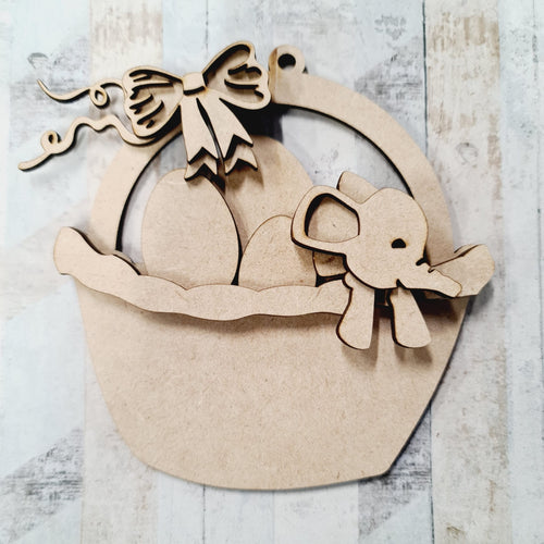 OL1185 - MDF Oli in Easter Basket Hanging Bauble Decoration - Olifantjie - Wooden - MDF - Lasercut - Blank - Craft - Kit - Mixed Media - UK