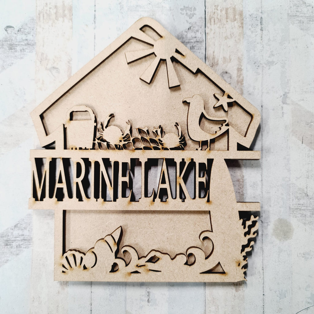 SL090 - MDF Beach Hut - Style 1 crabs and seagulls with swimmer Themed Split Layered Personalised Plaque - Olifantjie - Wooden - MDF - Lasercut - Blank - Craft - Kit - Mixed Media - UK