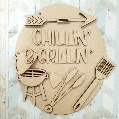 SJ431 - MDF ‘chillin & grillin ’ Layered Plaque - Olifantjie - Wooden - MDF - Lasercut - Blank - Craft - Kit - Mixed Media - UK