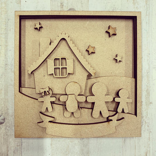 LH006 - MDF Gingerbread scene  Frame Square 3D Plaque - Two Sizes - Olifantjie - Wooden - MDF - Lasercut - Blank - Craft - Kit - Mixed Media - UK
