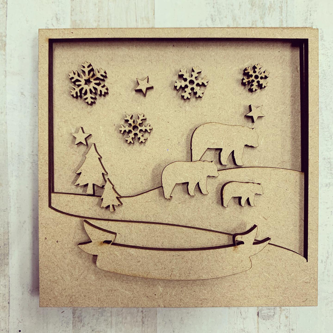 LH008 - MDF Bear Scene Frame Square 3D Plaque - Two Sizes - Olifantjie - Wooden - MDF - Lasercut - Blank - Craft - Kit - Mixed Media - UK