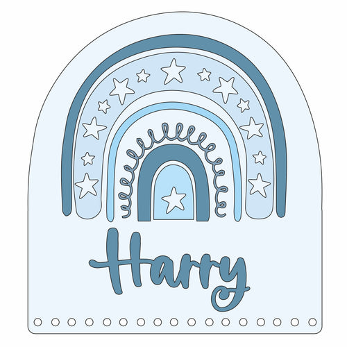 OL821 - MDF Large Rainbow Personalised Plaque with Ribbon Hole - Stars - Olifantjie - Wooden - MDF - Lasercut - Blank - Craft - Kit - Mixed Media - UK