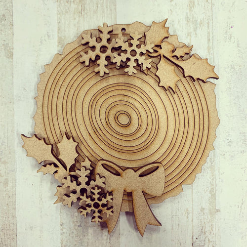 CH149 - MDF Wood Slice Effect Holly and Snow Christmas Bauble - Olifantjie - Wooden - MDF - Lasercut - Blank - Craft - Kit - Mixed Media - UK
