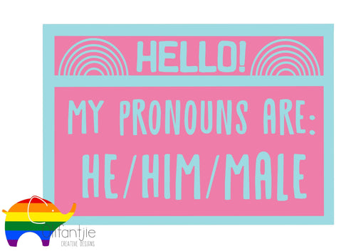 SJ449 - MDF Two Layered Plaque ‘ hello my pronouns are - He / Him / Male ‘ - Olifantjie - Wooden - MDF - Lasercut - Blank - Craft - Kit - Mixed Media - UK