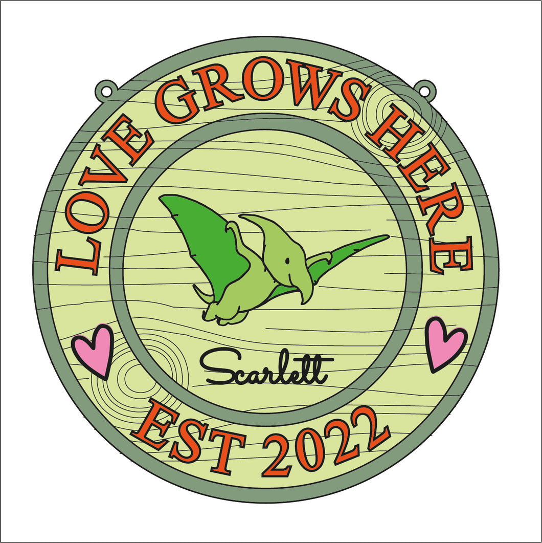 OL1633 - MDF Dinosaur personalised doodle Circle ‘love grows here’ est  date Plaque - Style 4 - Olifantjie - Wooden - MDF - Lasercut - Blank - Craft - Kit - Mixed Media - UK