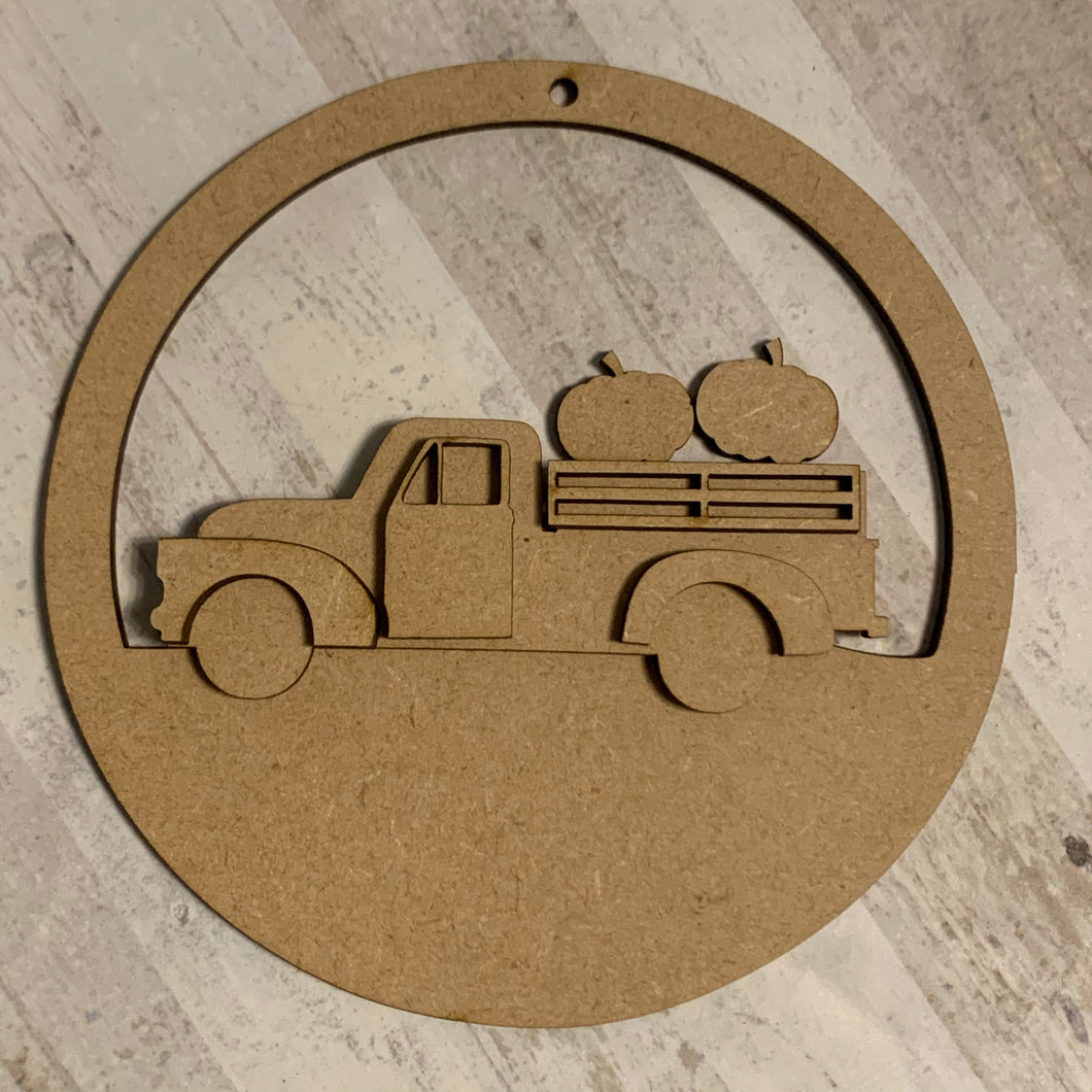CH214 - MDF Truck with Pumpkins Christmas Circle Bauble - Olifantjie - Wooden - MDF - Lasercut - Blank - Craft - Kit - Mixed Media - UK