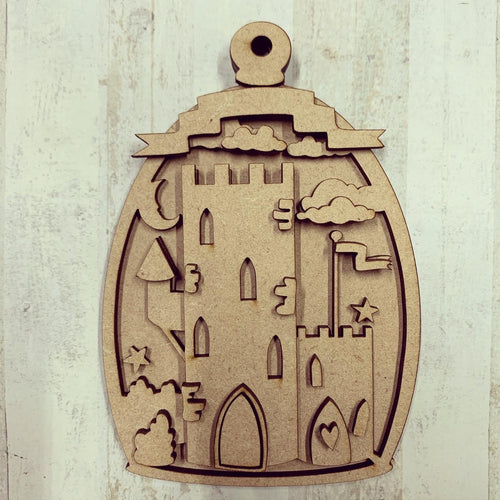 SJ268 - MDF Castle in Glass Cloche Hanging Bauble - Olifantjie - Wooden - MDF - Lasercut - Blank - Craft - Kit - Mixed Media - UK