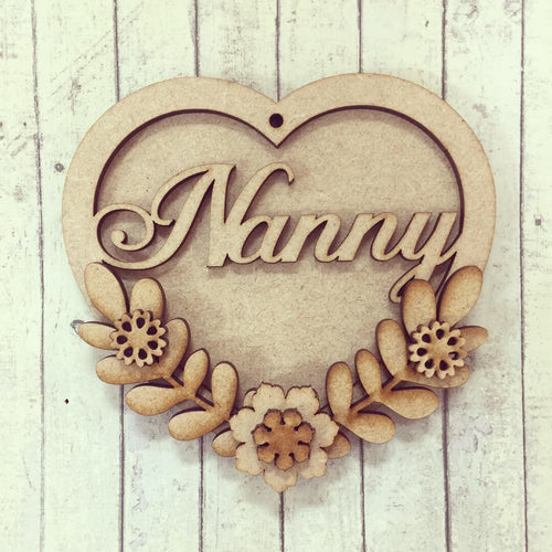 HB003 - MDF Hanging Heart - Pretty Floral Themed with Choice of Wording - 2 Fonts - Olifantjie - Wooden - MDF - Lasercut - Blank - Craft - Kit - Mixed Media - UK