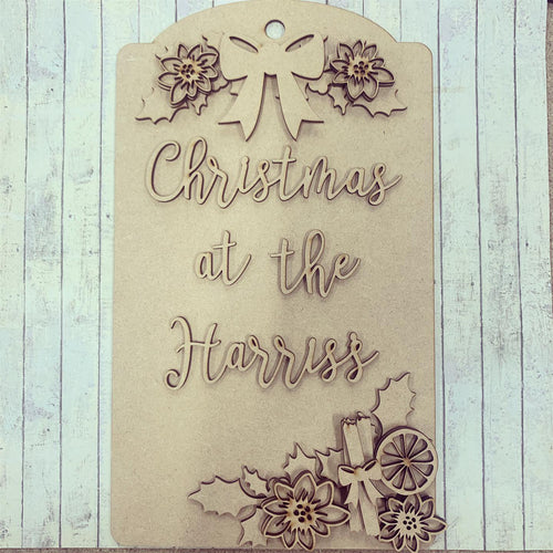 DT003 - MDF Large Hanging Door Tag / Luggage Label - Christmas Theme Poinsettia & Orange - Olifantjie - Wooden - MDF - Lasercut - Blank - Craft - Kit - Mixed Media - UK