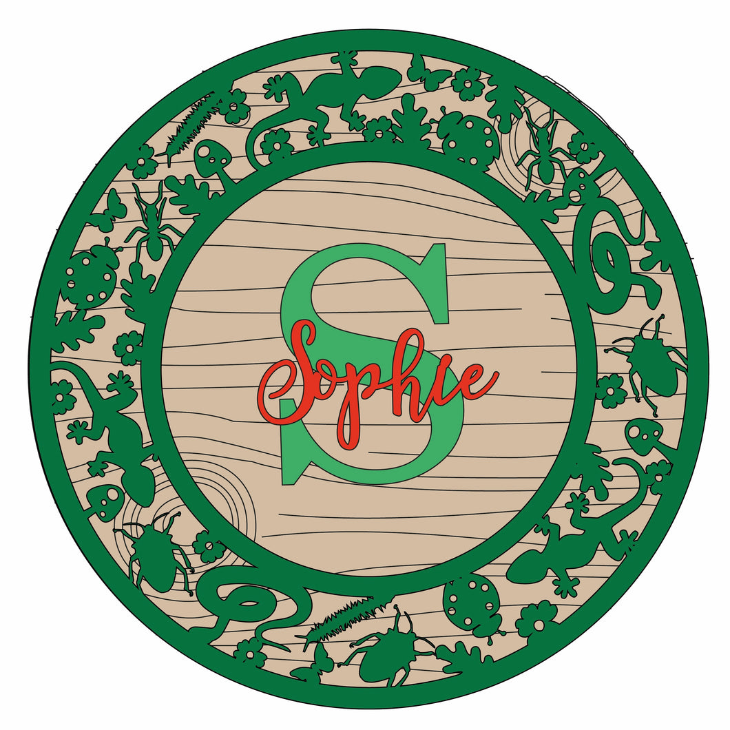OL1221 - MDF Personalised Circle Plaque Frame - Bugs and Reptiles Theme - Olifantjie - Wooden - MDF - Lasercut - Blank - Craft - Kit - Mixed Media - UK
