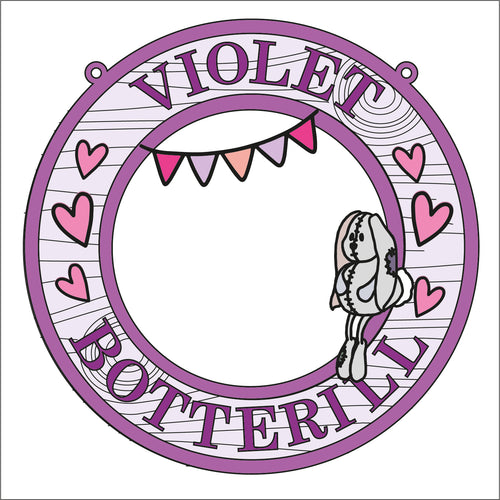 OL1608 - MDF Nursery personalised doodle Circle Photo frame Plaque - bunny - Olifantjie - Wooden - MDF - Lasercut - Blank - Craft - Kit - Mixed Media - UK