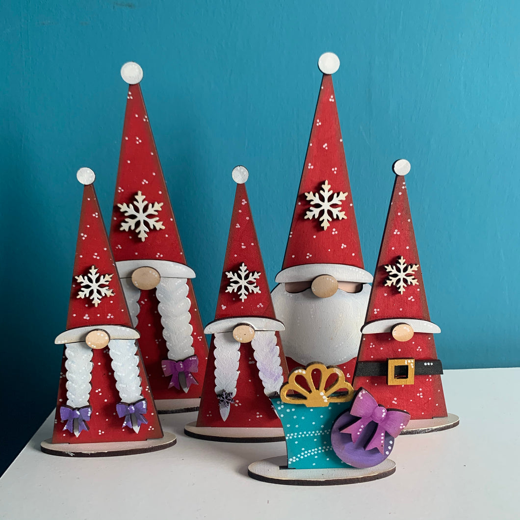 HC134 - MDF Set of 5 Freestanding Nordic Santa’s plus present - Olifantjie - Wooden - MDF - Lasercut - Blank - Craft - Kit - Mixed Media - UK