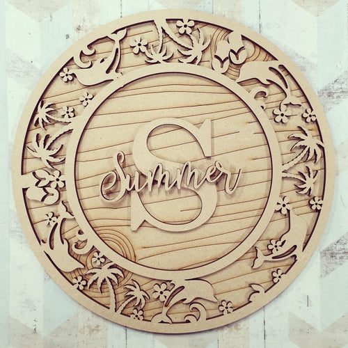 OL632 - MDF Personalised Circle Plaque Frame -   Summer Theme - Olifantjie - Wooden - MDF - Lasercut - Blank - Craft - Kit - Mixed Media - UK