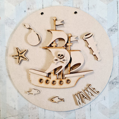 OL2942 MDF Pirate Ship Layered - Round Scene Personalised  Plaque with - Olifantjie - Wooden - MDF - Lasercut - Blank - Craft - Kit - Mixed Media - UK