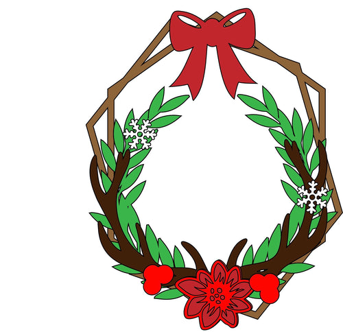 HX024 - MDF Reindeer Horns Poinsettia Christmas Hexagonal Wreath - Olifantjie - Wooden - MDF - Lasercut - Blank - Craft - Kit - Mixed Media - UK