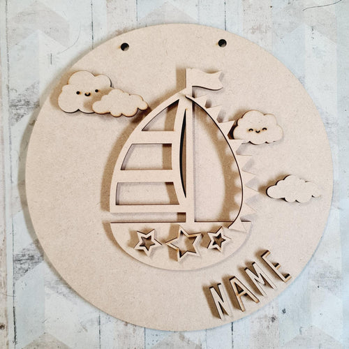 OL2948 MDF Sailboat 1 Layered - Round Scene Personalised  Plaque with - Olifantjie - Wooden - MDF - Lasercut - Blank - Craft - Kit - Mixed Media - UK