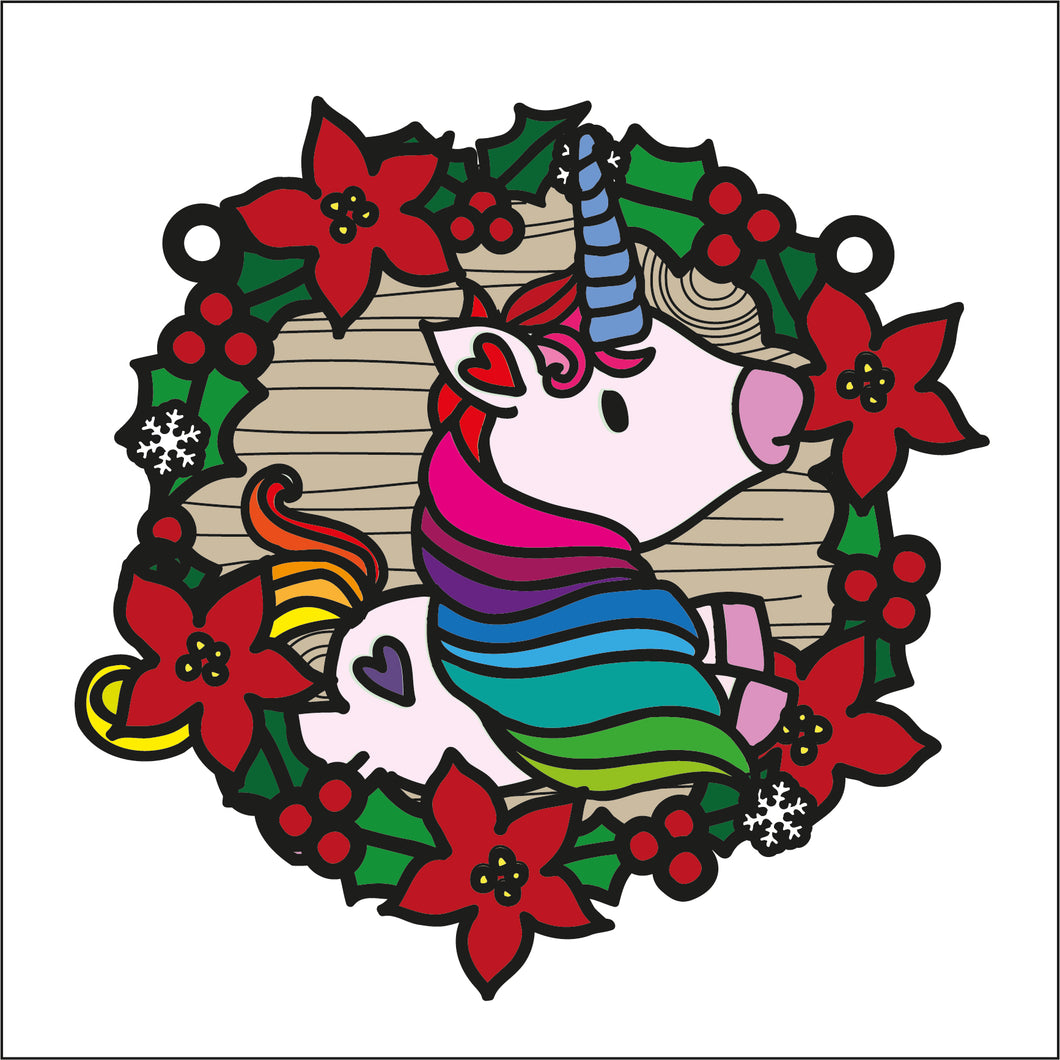 OL2742 - MDF Christmas Unicorn 1 doodle Large Holly Wreath Plaque - Olifantjie - Wooden - MDF - Lasercut - Blank - Craft - Kit - Mixed Media - UK