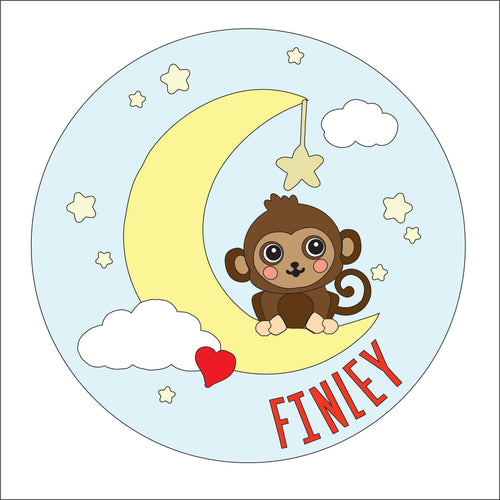 OL2901 - MDF Cute Animal Layered - Round Scene Personalised  Plaque - Moon Monkey - Olifantjie - Wooden - MDF - Lasercut - Blank - Craft - Kit - Mixed Media - UK