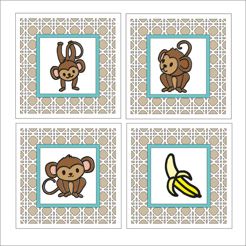 OL1721 - MDF set 4 rattan effect plaques - doodle Jungle Monkeys - Olifantjie - Wooden - MDF - Lasercut - Blank - Craft - Kit - Mixed Media - UK
